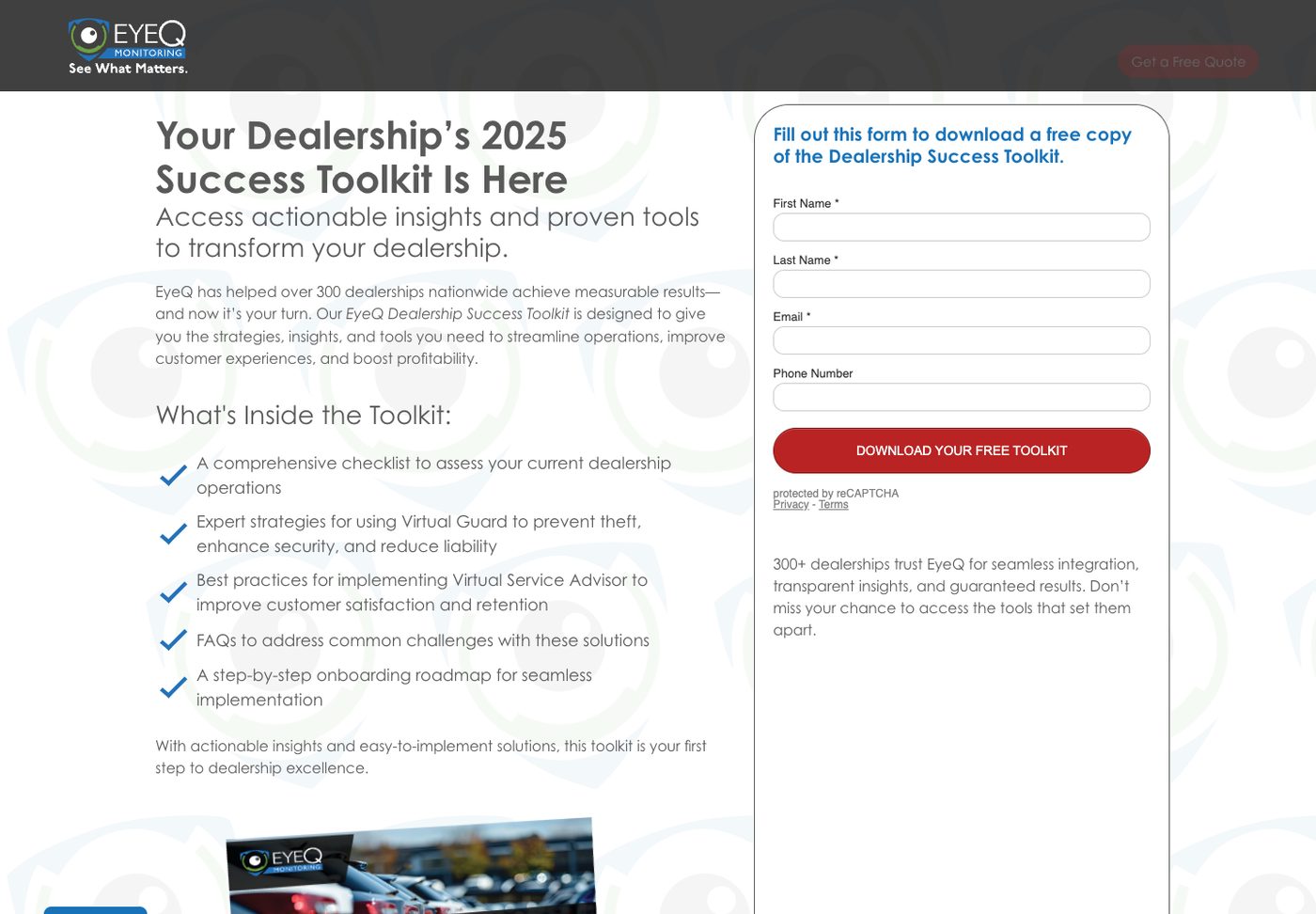 EyeQ Dealership Success Toolkit landing page, captured September 2026