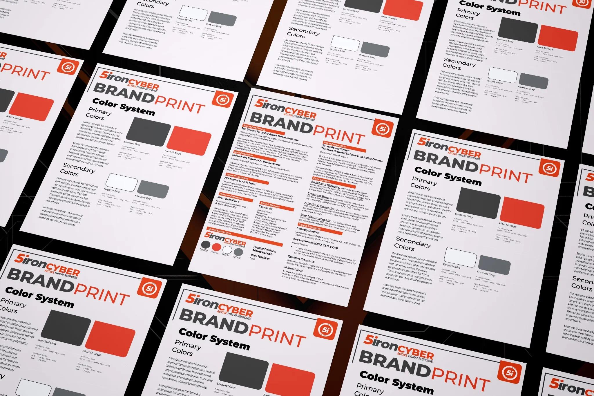 5ironCyber positioning and color system on Brandprint sheets.