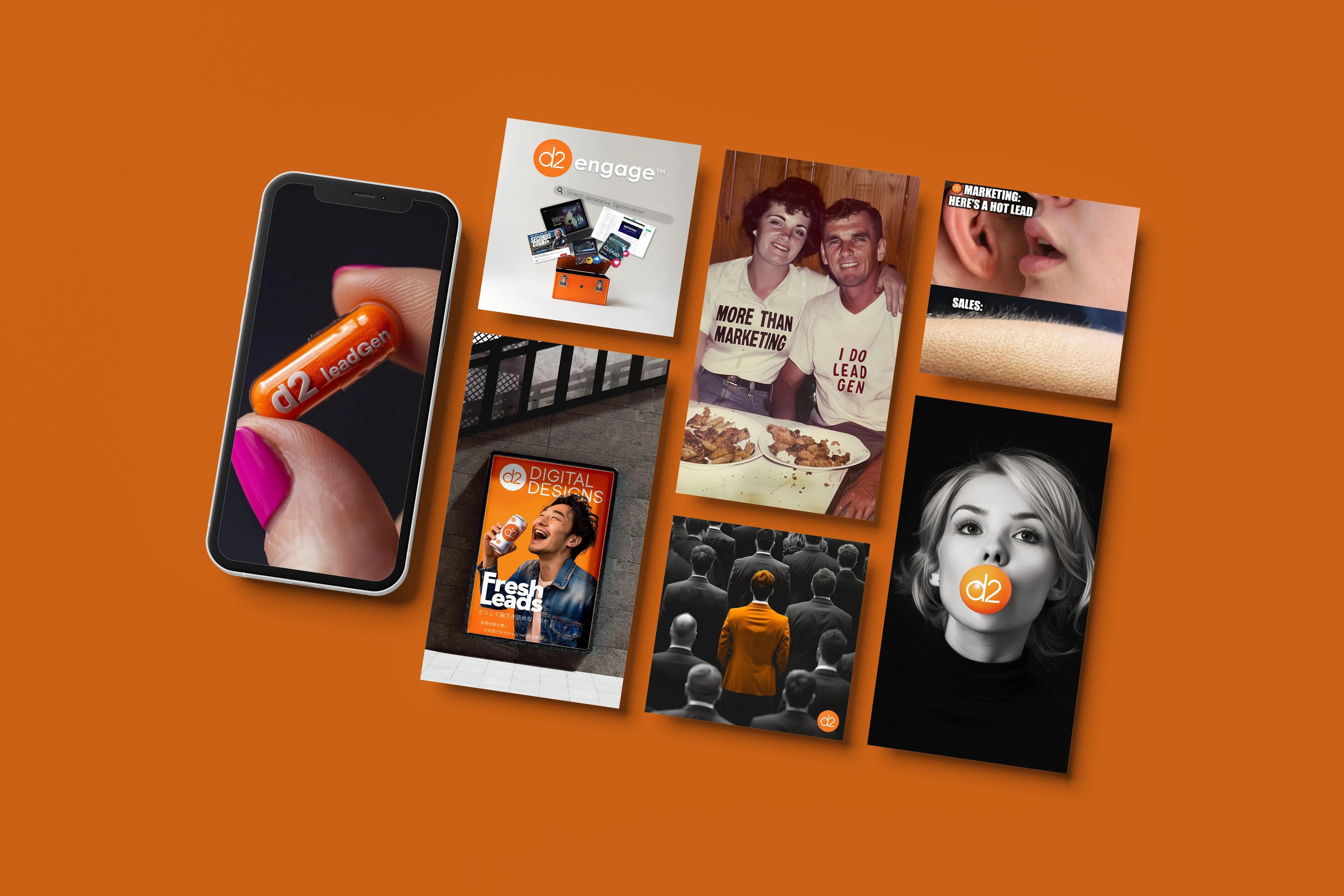 D2 Digital social campaign shown across phone and post mockups.