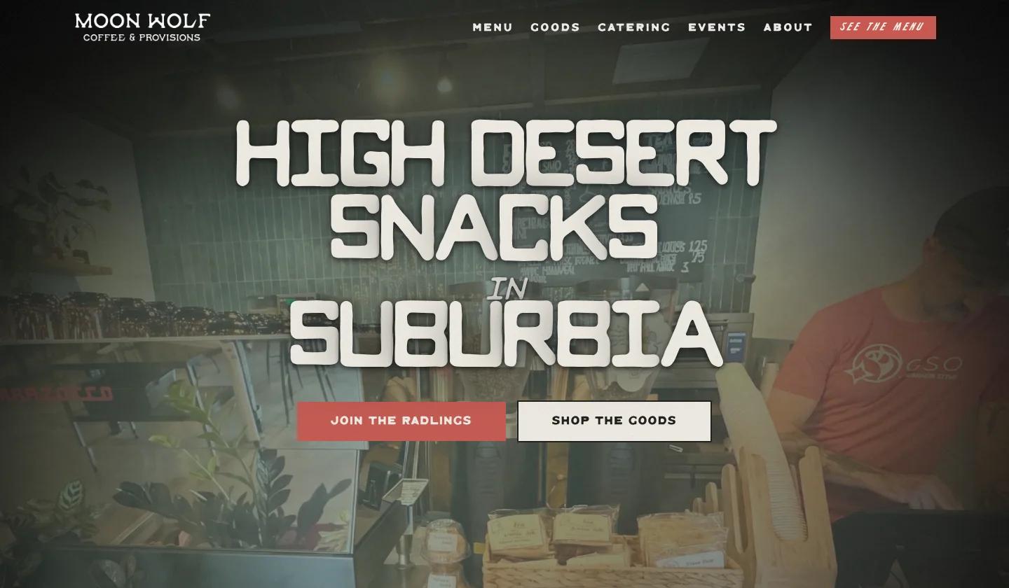 Moon Wolf website homepage with High Desert Snacks in Suburbia and its site navigation.