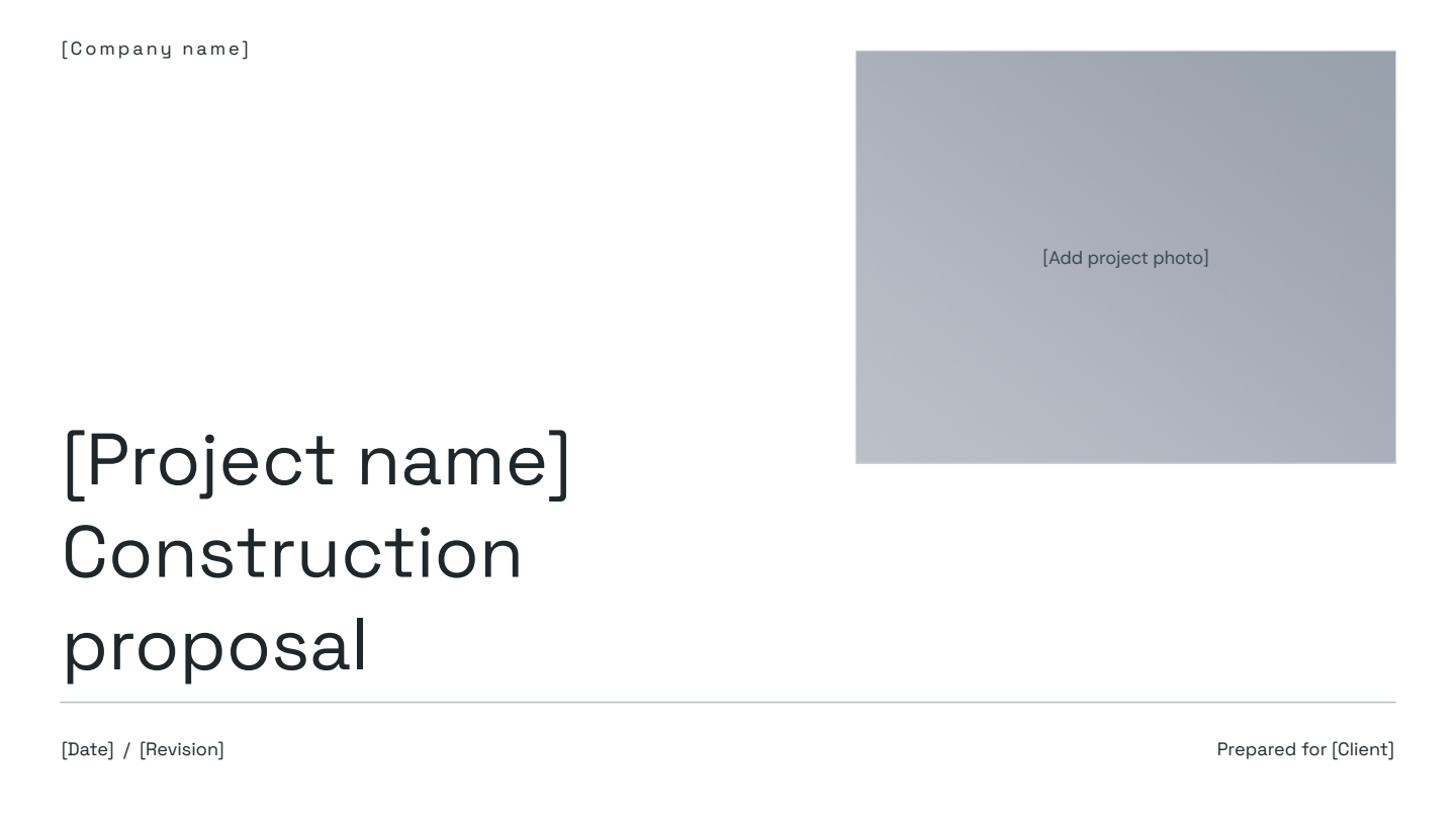 Actual construction proposal template cover with editable company, project, date and photograph placeholders