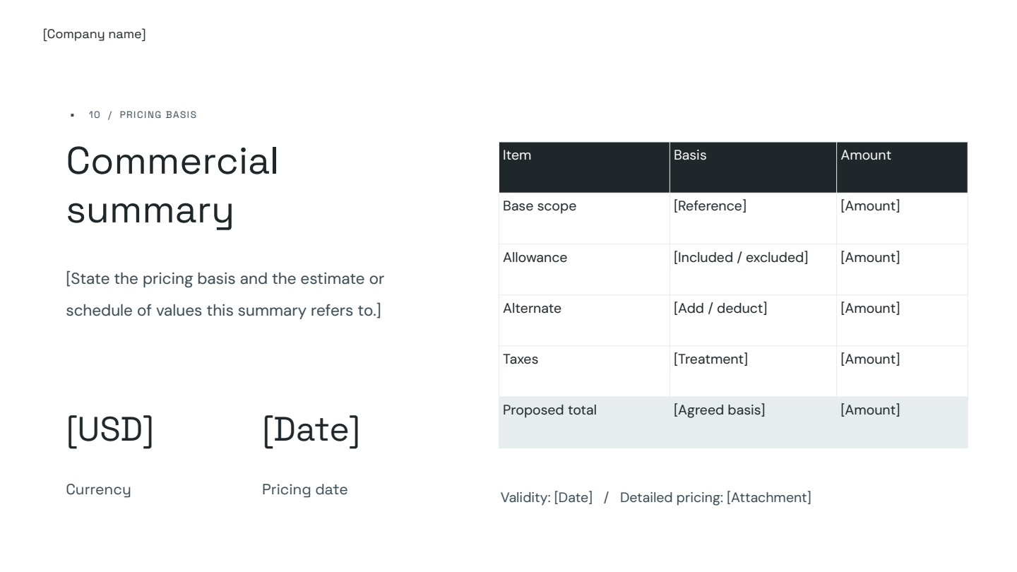 Actual proposal pricing slide with the editable pricing table