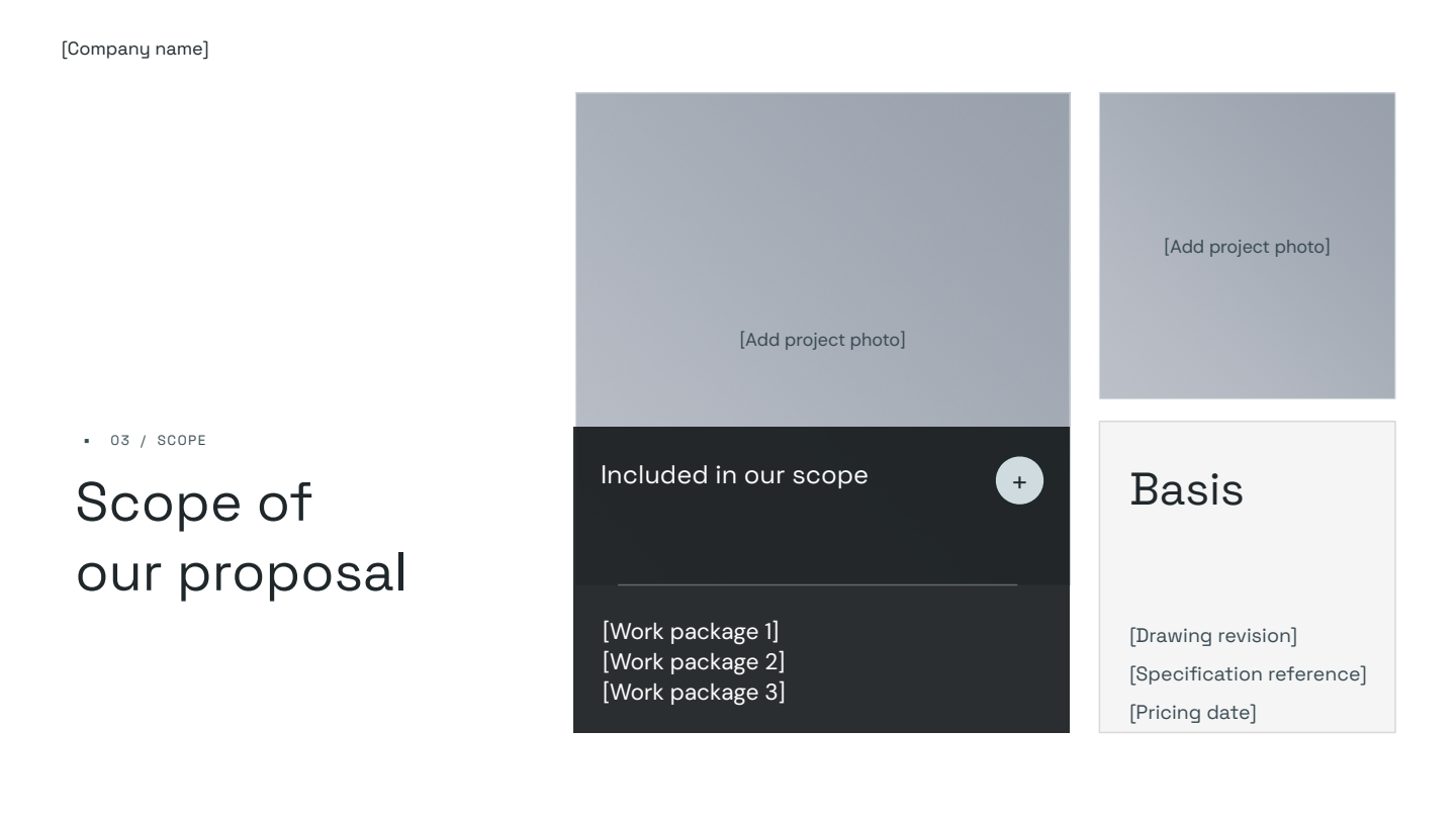 Actual proposal scope slide with editable text and intentional project photograph placeholders