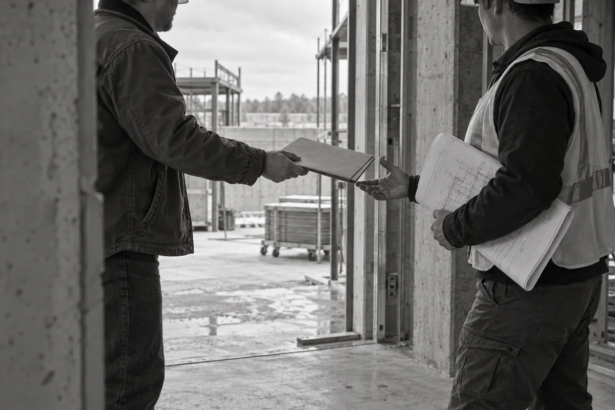 An editorial construction planning scene with a team reviewing a project