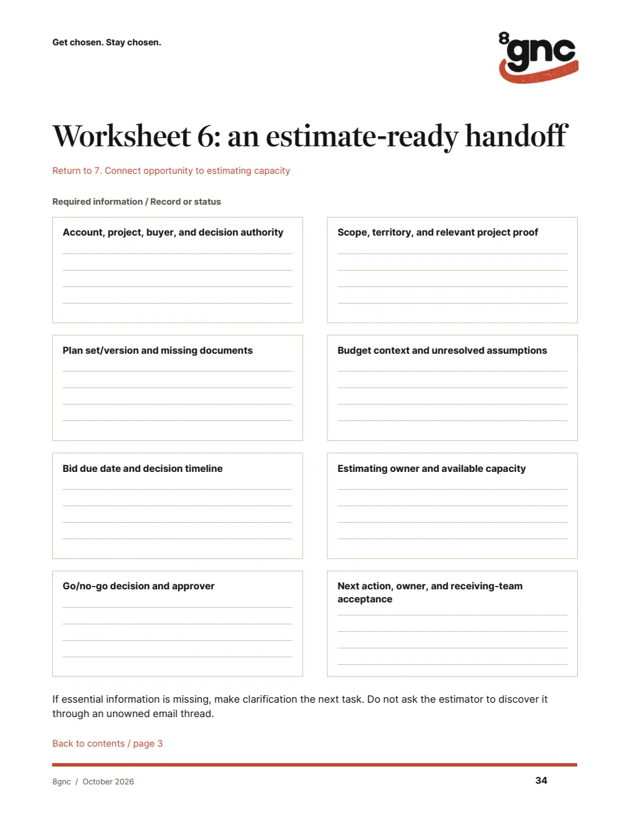 The estimate-ready handoff worksheet