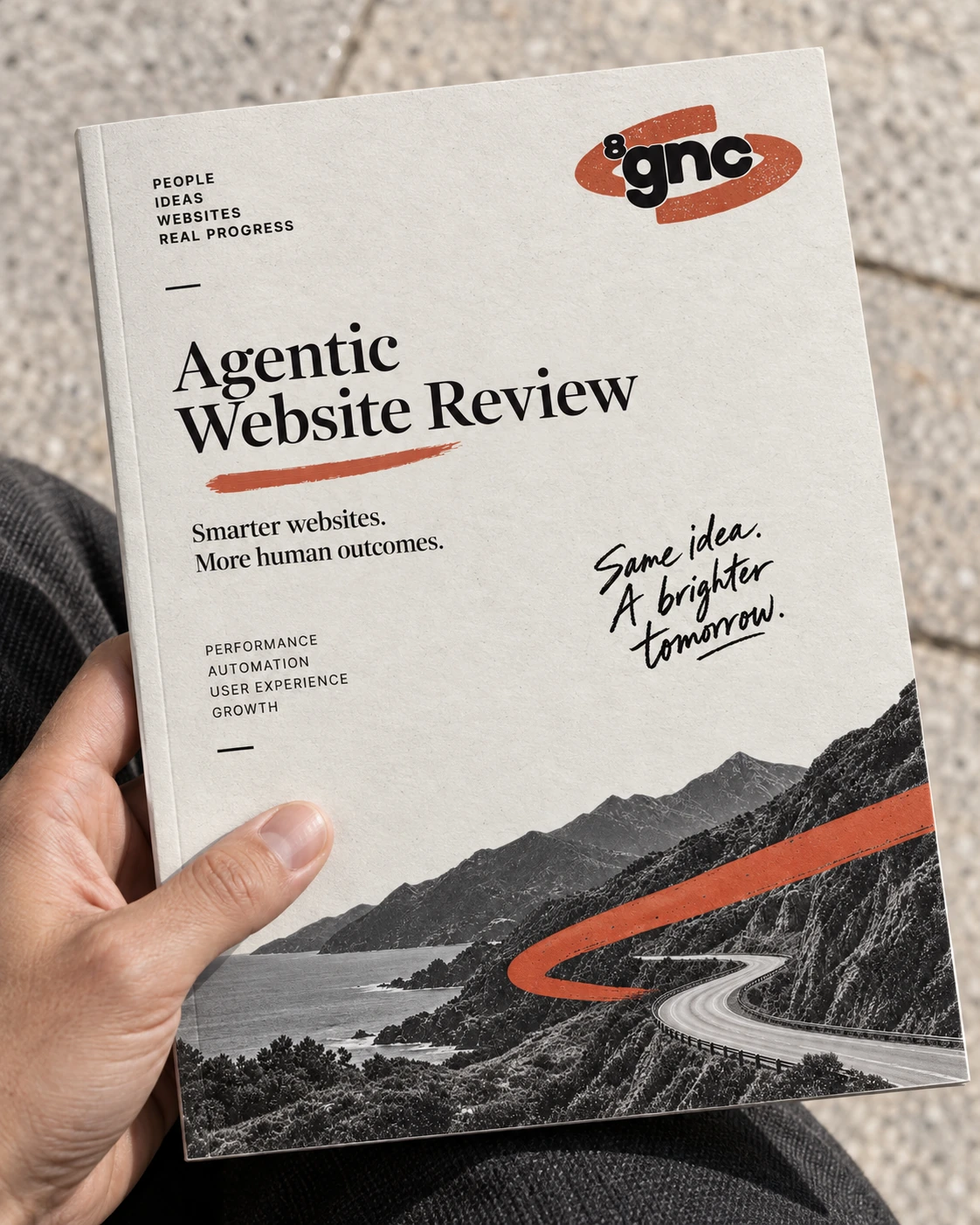 8gnc Agentic Website Review report cover held in a hand.