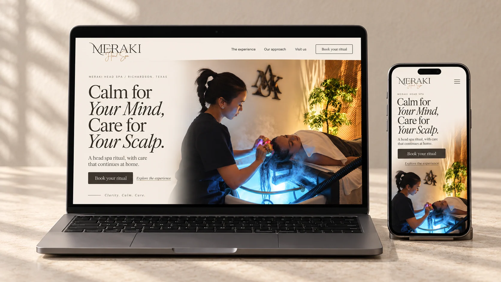 Meraki Head Spa desktop and mobile website design concepts presented together on a laptop and phone.