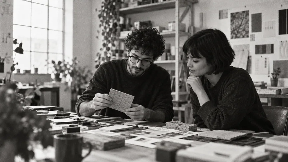 Generated black-and-white editorial photograph: Two collaborators consider material samples for a technology brand.