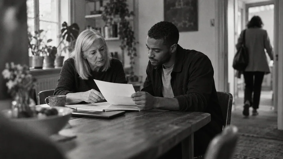 Generated black-and-white editorial photograph: Two colleagues review a handover document as someone leaves the room.