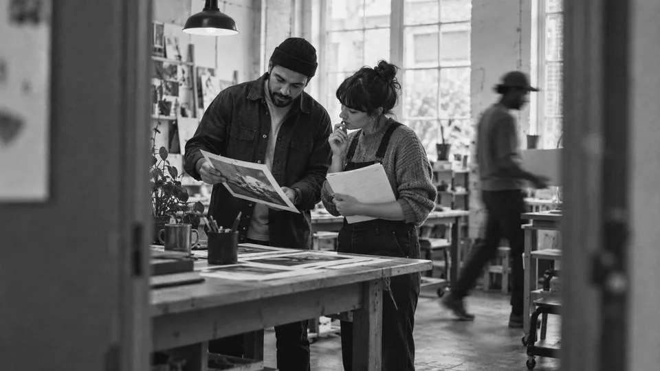 Generated black-and-white editorial photograph: Two colleagues compare a printed page with a review sheet.