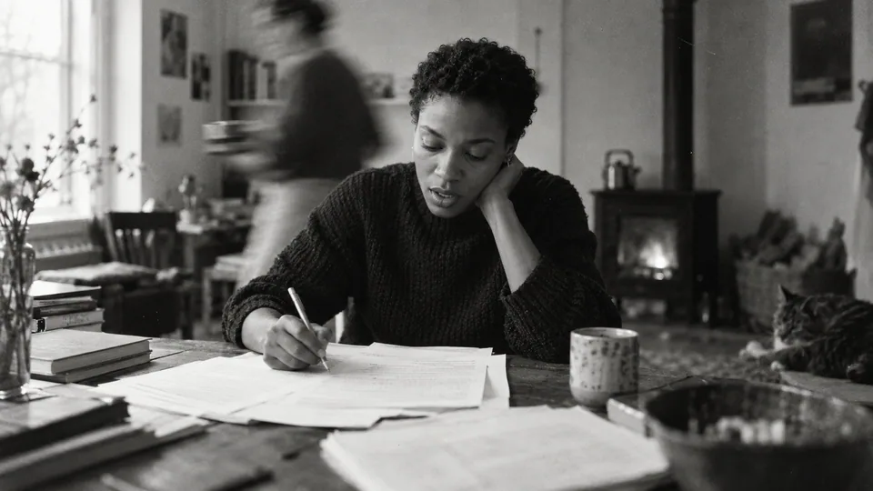 Generated black-and-white editorial photograph: An editor reviews a manuscript with a pencil.