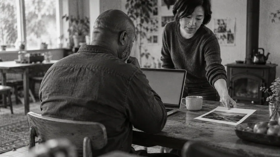 Generated black-and-white editorial photograph: A buyer checks a laptop beside a printed reference.