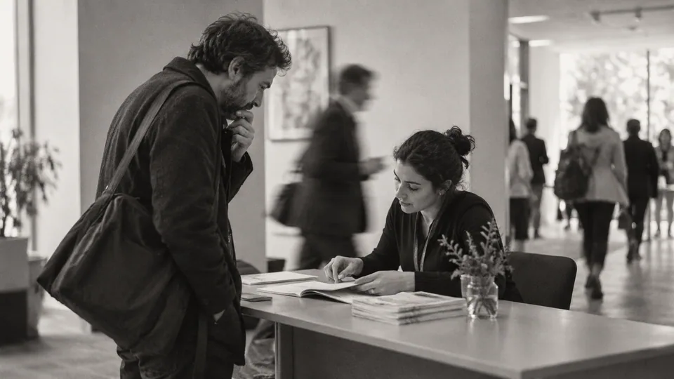 Generated black-and-white editorial photograph: A visitor asks for information while an attendant checks a document.