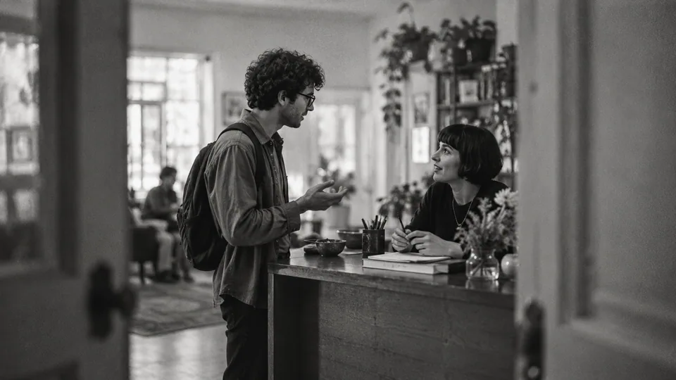 Generated black-and-white editorial photograph: A visitor asks a receptionist a question across a desk.