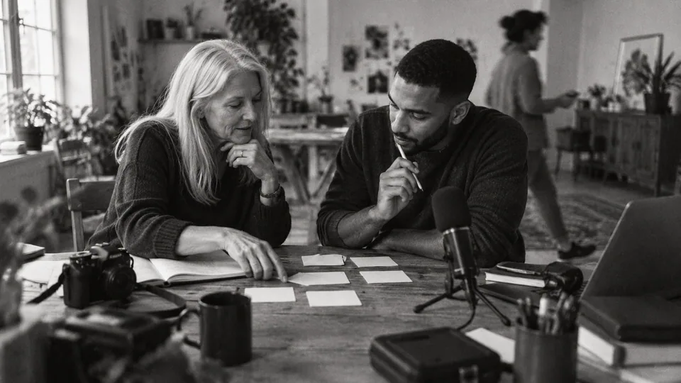 Generated black-and-white editorial photograph: A writer and producer prepare materials for a small content session.