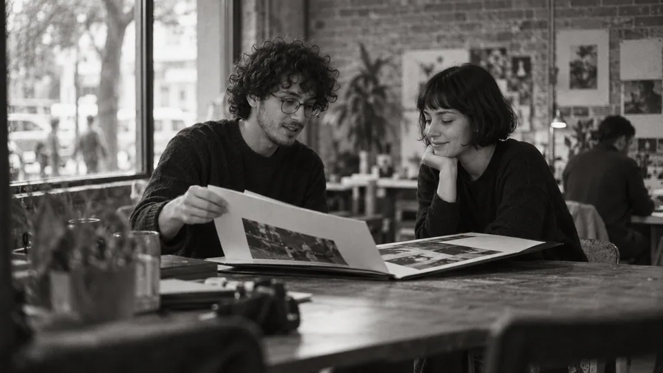 Generated black-and-white editorial photograph: Two people review a portfolio folder during a first meeting.