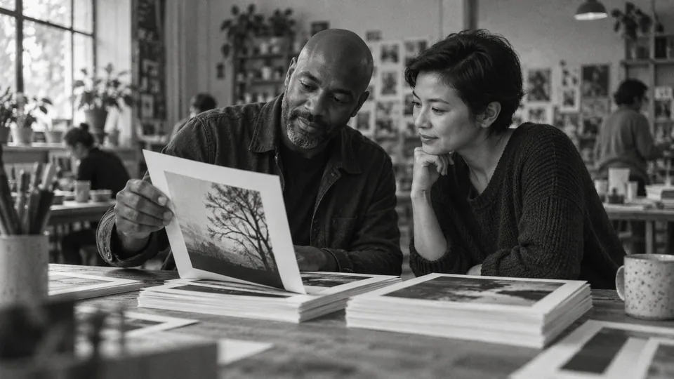 Generated black-and-white editorial photograph: A designer chooses a sample from a stack at a studio table.