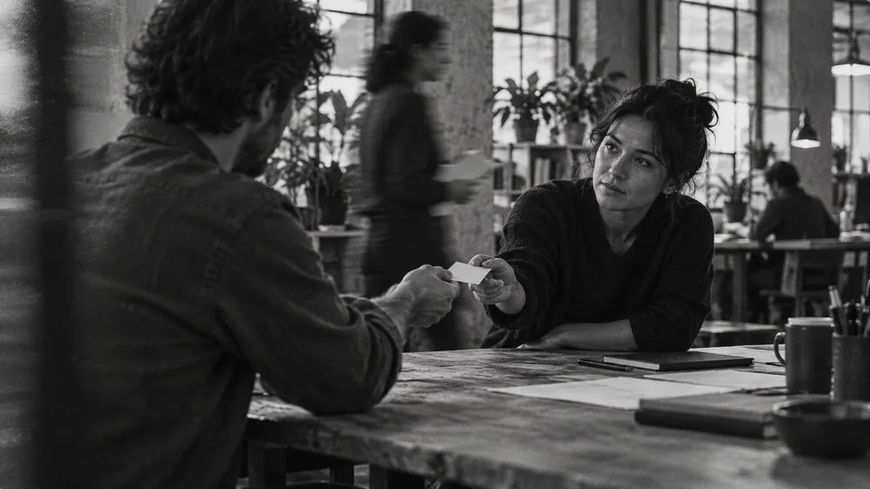 Generated black-and-white editorial photograph: Two colleagues hand a work card across a studio table.