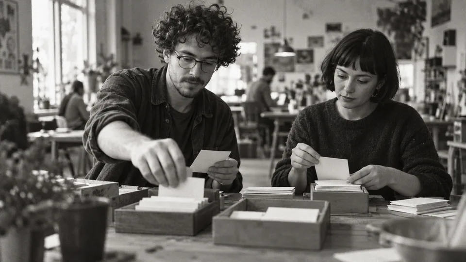 Generated black-and-white editorial photograph: Two team members sort inquiry cards into desk trays.