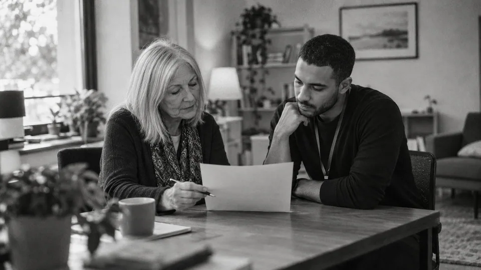 Generated black-and-white editorial photograph: Two practice colleagues review an inquiry sheet in a quiet office.