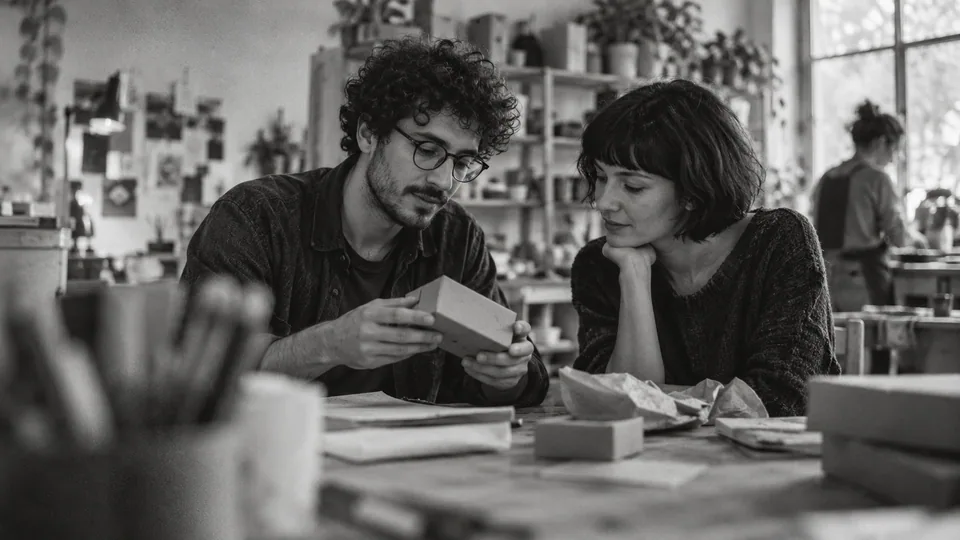 Generated black-and-white editorial photograph: A business owner and customer inspect a packaging sample.