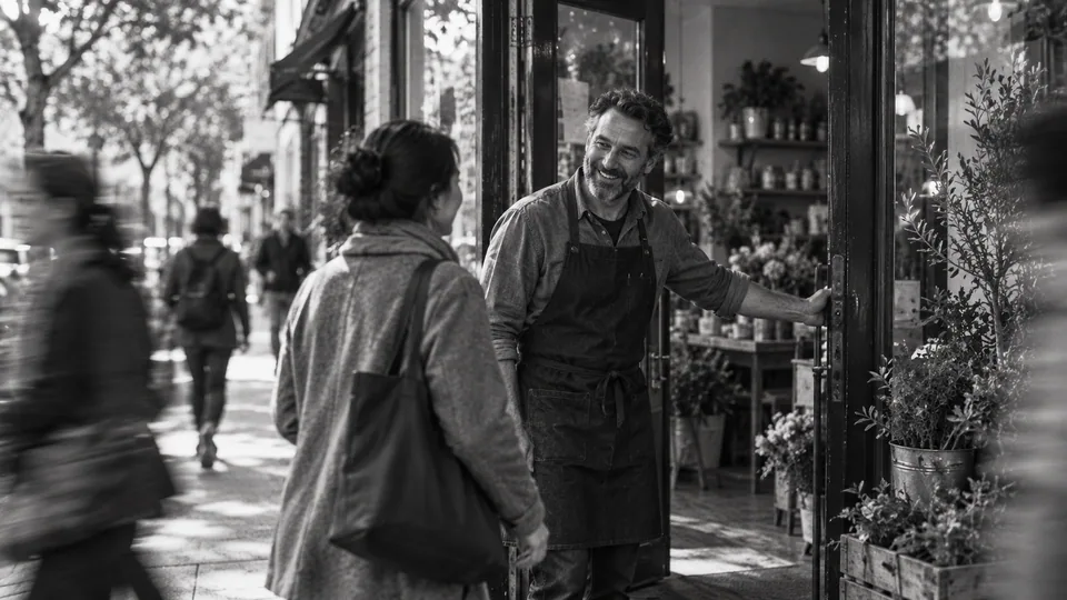 Generated black-and-white editorial photograph: A shop owner welcomes a visitor while pedestrians pass along the street.