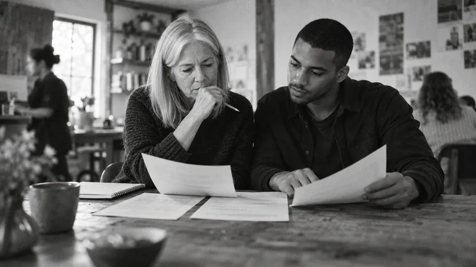 Generated black-and-white editorial photograph: A researcher compares paper reports with a notebook.