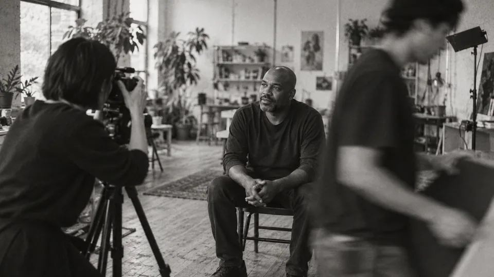 Generated black-and-white editorial photograph: A creative operator frames a shoot while an assistant moves past.