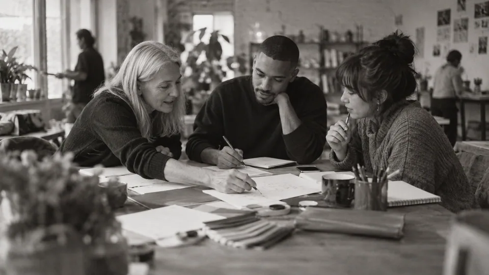 Generated black-and-white editorial photograph: A writer, designer and analyst work at a shared table.