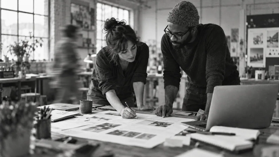 Generated black-and-white editorial photograph: A designer and developer inspect a paper layout together.