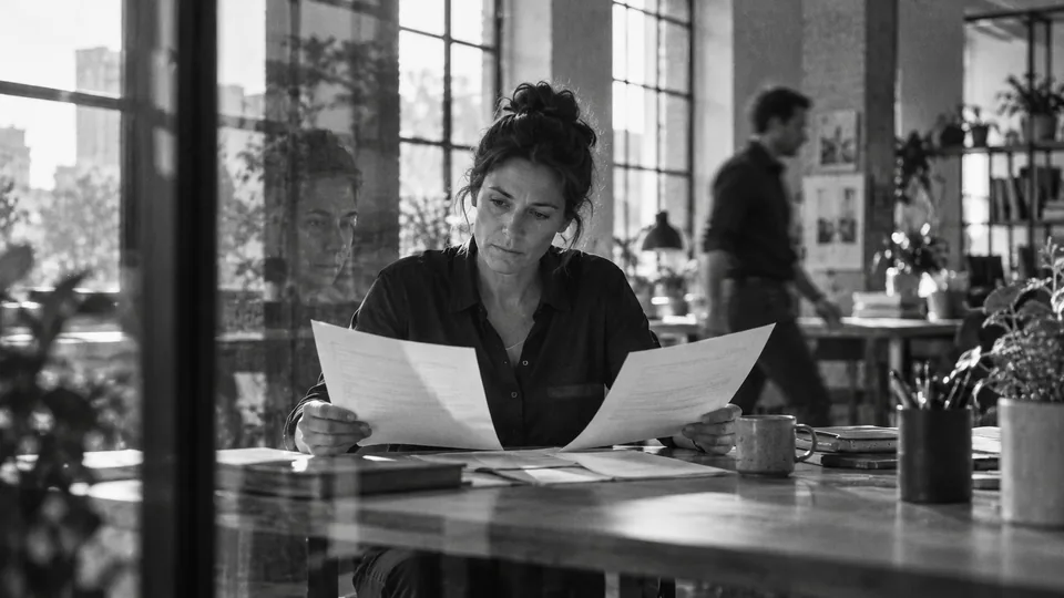 Generated black-and-white editorial photograph: A business owner compares printed documents beside a window.