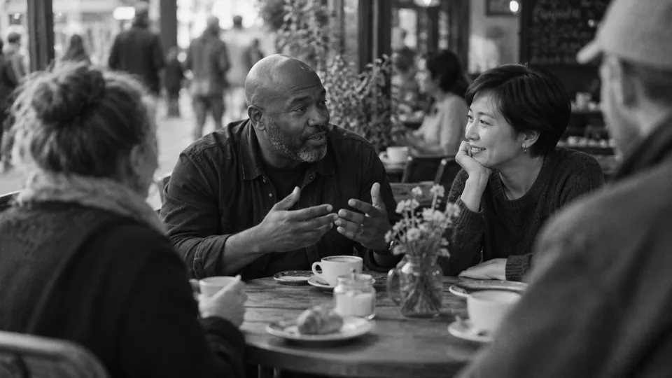Generated black-and-white editorial photograph: A host listens to visitors gathered around a neighbourhood cafe table.