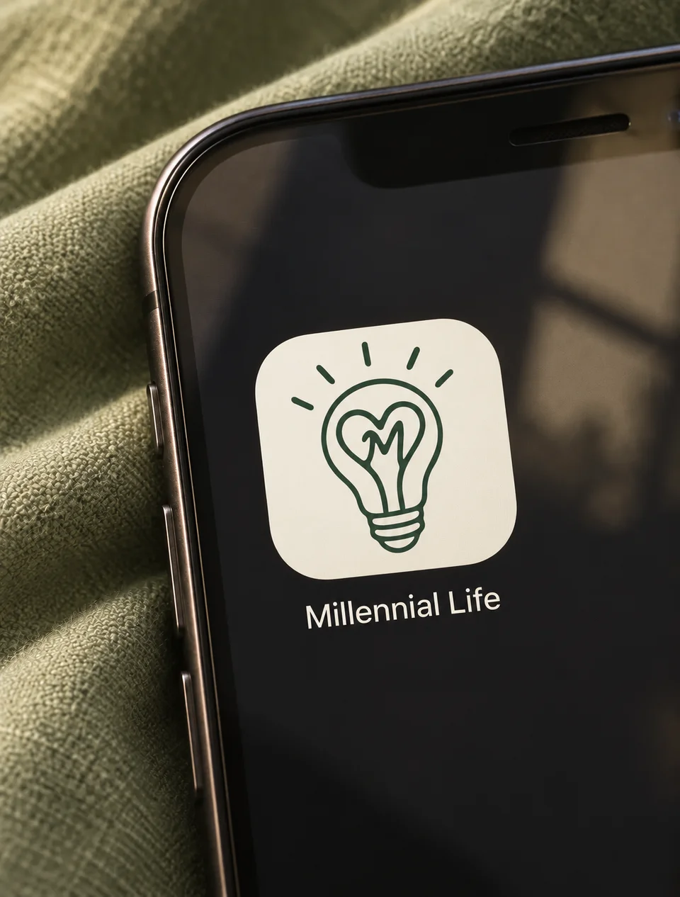 Millennial Life standalone light-bulb app icon on a phone.