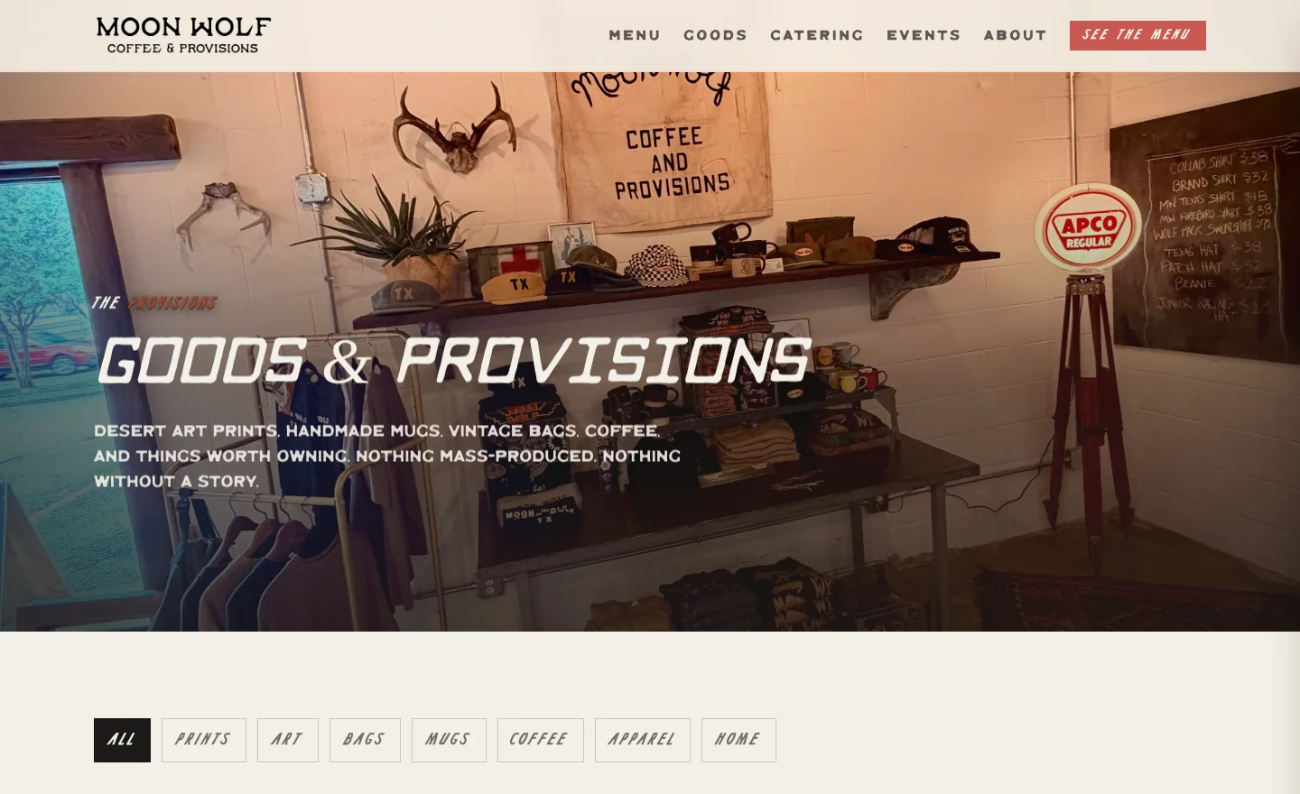 Moon Wolf Provisions website goods page showing the in-store provisions wall and shop categories.
