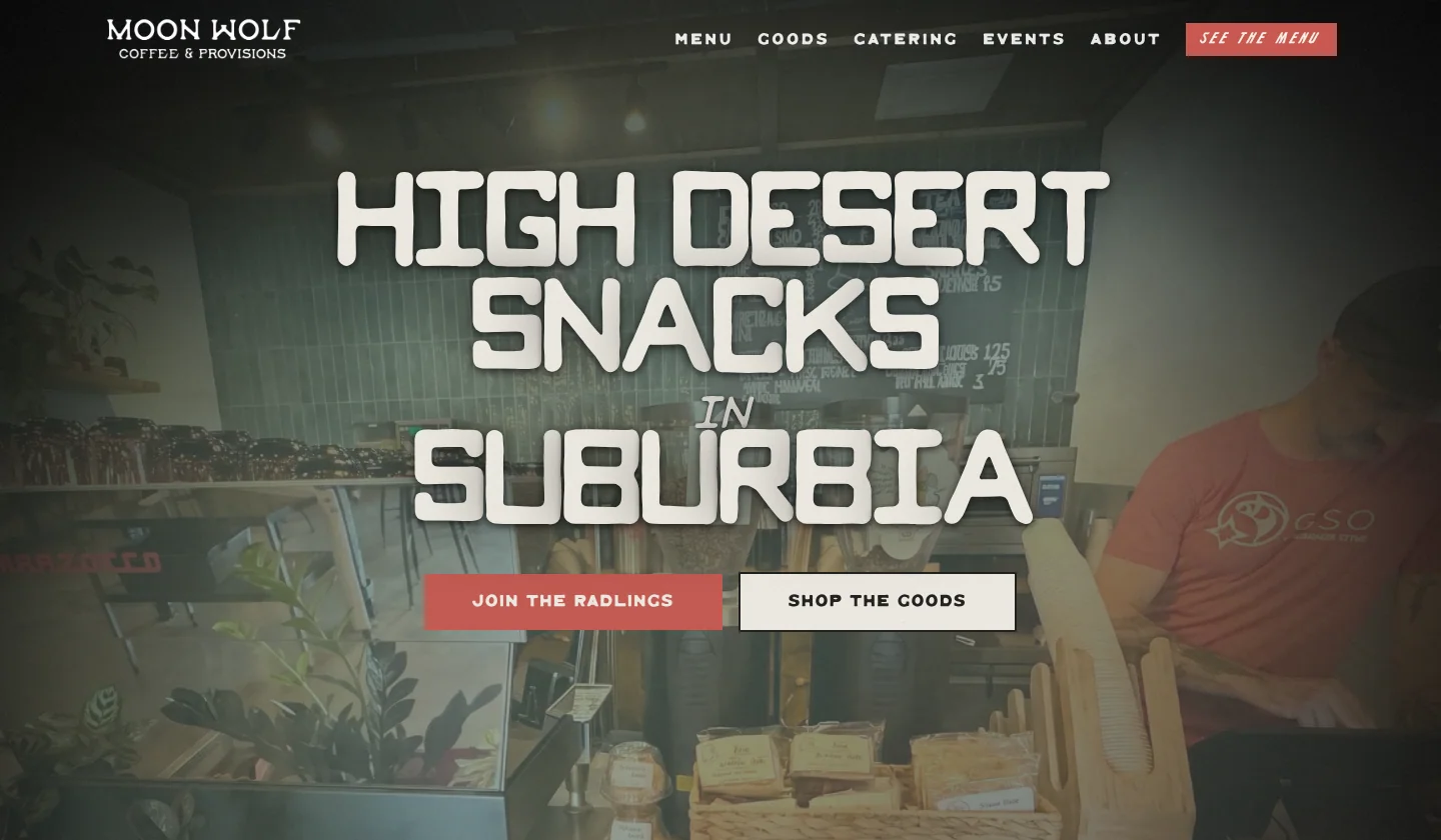 Moon Wolf Provisions website homepage showing the High Desert Snacks in Suburbia hero and navigation.