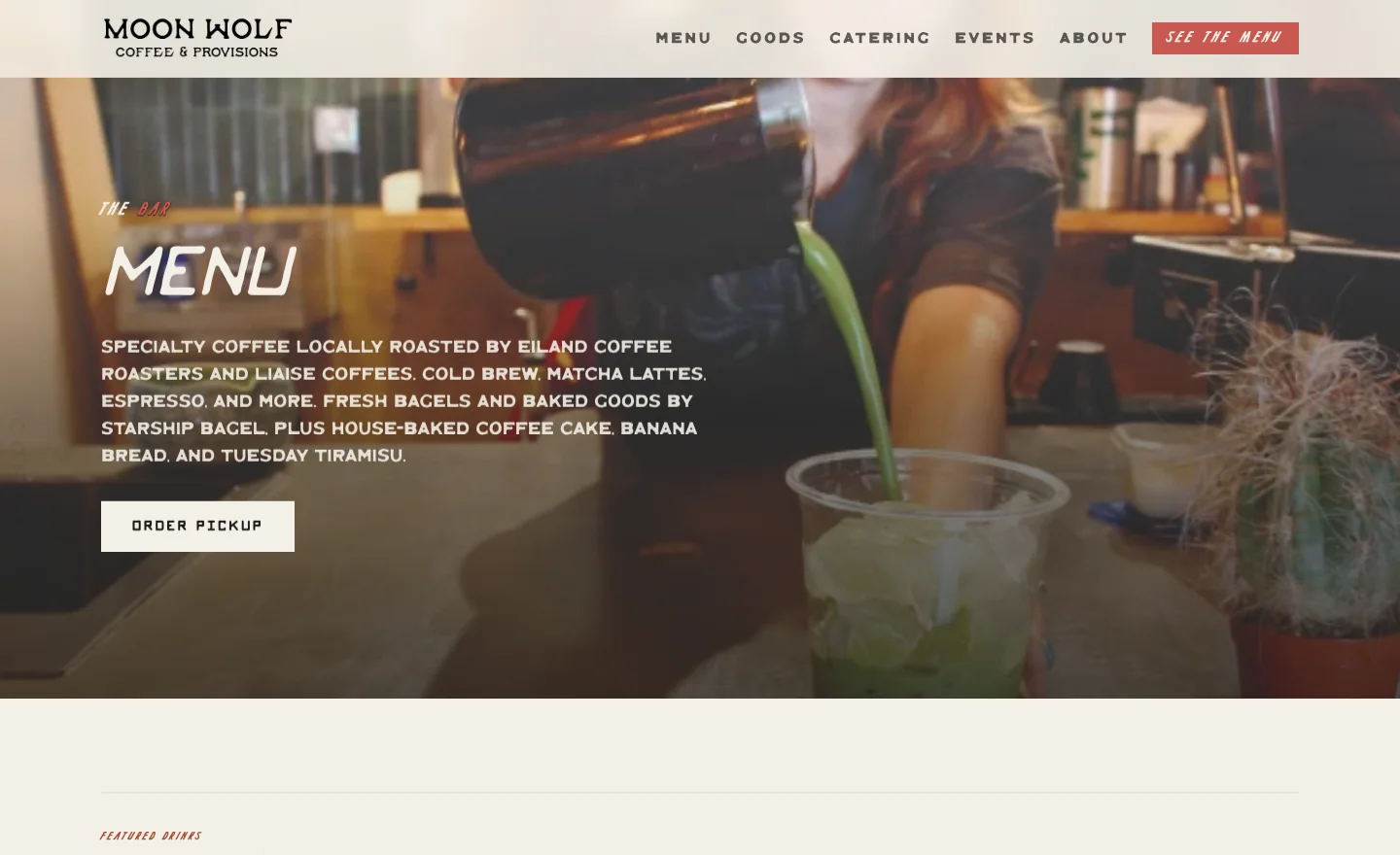 Moon Wolf Provisions website menu page showing a matcha latte being poured behind the bar.